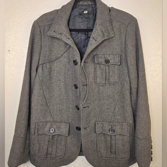 H&M Gray Wool Button Jacket -  Military Preppy Peacoat - Men's 40R - Picture 3 of 17